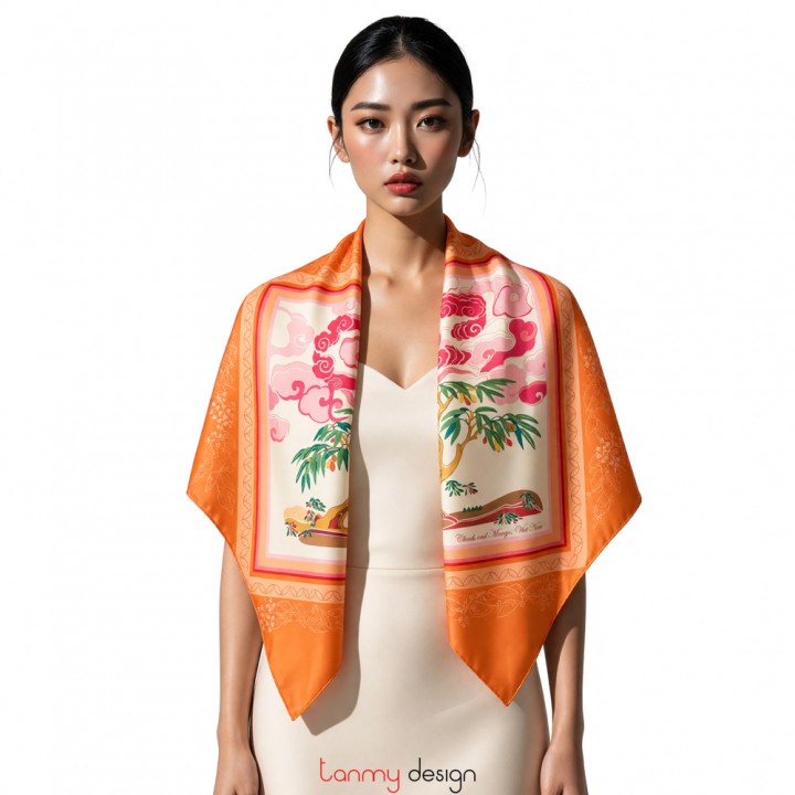Khăn lụa vuông hai mặt họa tiết cây Xoài  90x90cm